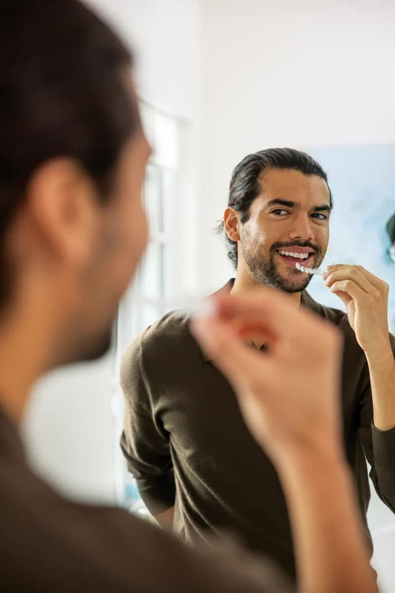 Mann setzt vor dem Spiegel im Bad einen transparenten Invisalign® Aligner ein